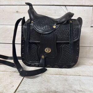 Saddle Bag Purse Hand Tooled Black Leather Shoulder/ Crossbody Fast Shipping